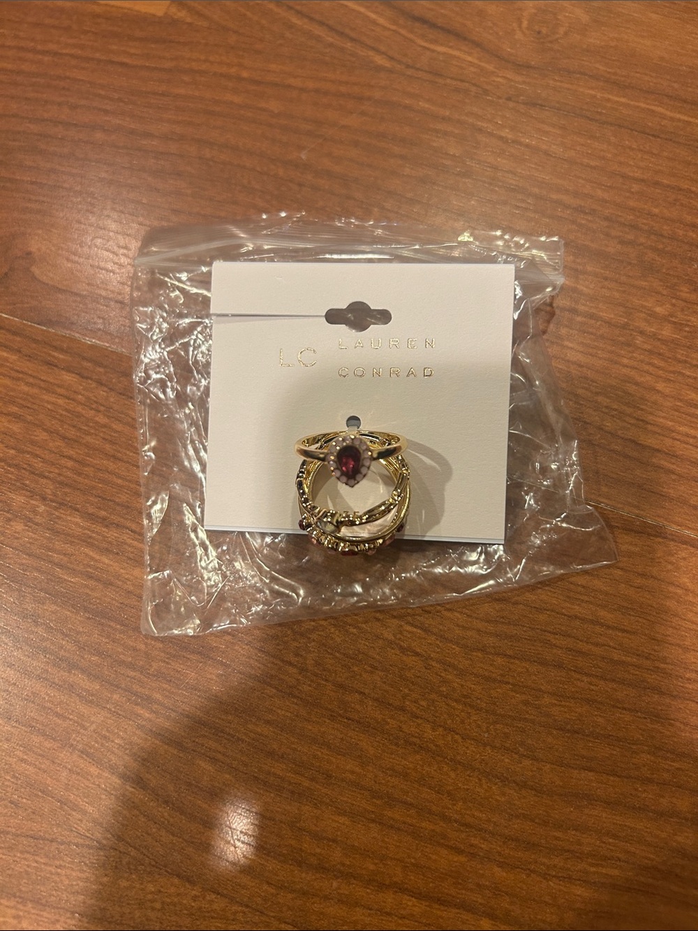 LC Lauren Conrad Gold-Tone Ring Set with Deep Red Stone